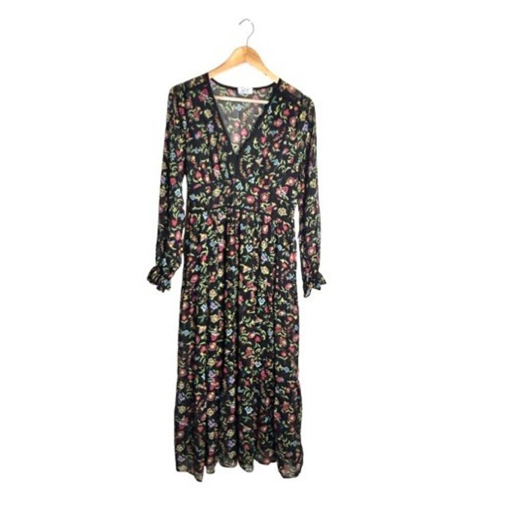 Anna Kay Dress Maxi Floral Sheer Size Large Long Sleeves Ruffled Cottage Boho